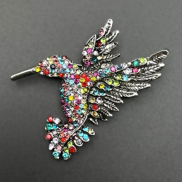 Silver with Multicolored Crystal Flying Hummingbird Pin Back Brooch - Picture 1 of 7